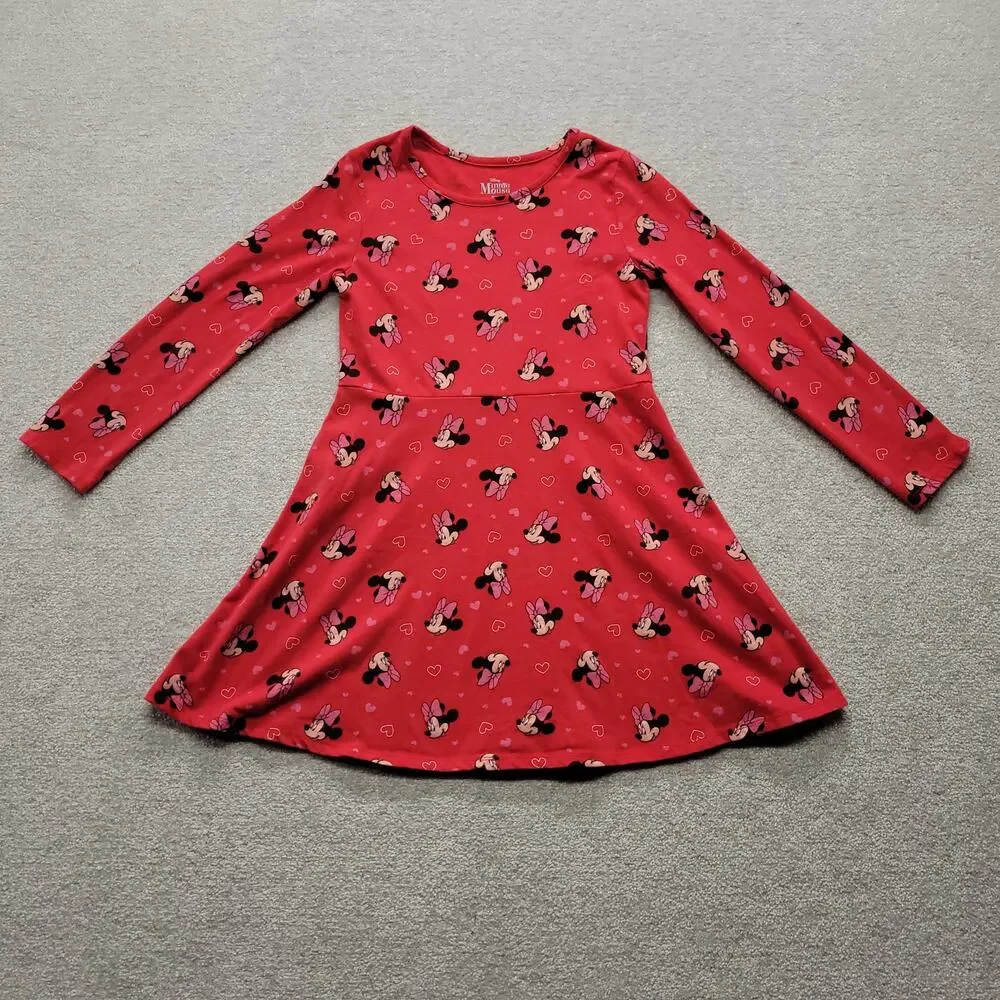 Disney Minnie Mouse Girls Size Medium 7/8 Red Pink Long Sleeve Skater Dress